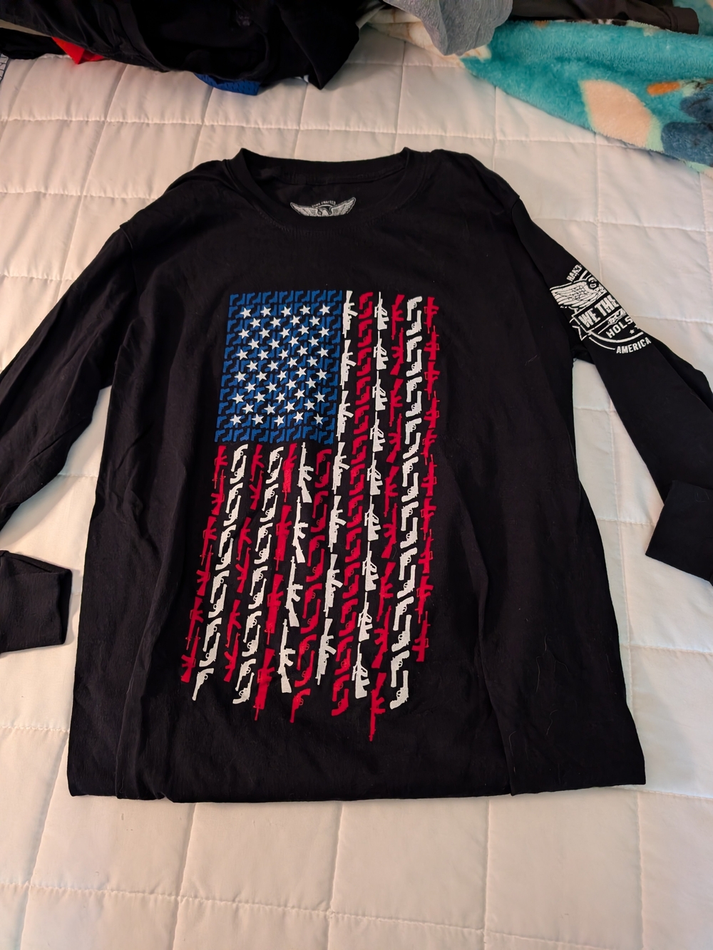 Long Sleeve Graphic Tee - Black with Red & Blue Flag Design